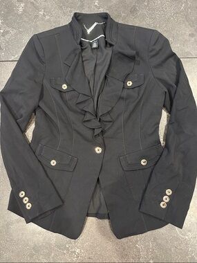 White House Black Market, Black Ruffle Front Blazer With Gold Button Detail